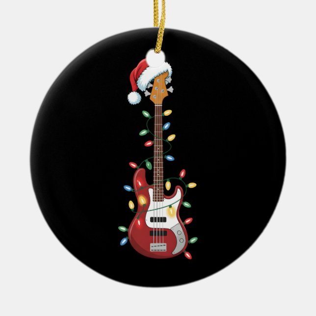 Guitar Santa Hat Christmas Lights Bass Player Xmas Ceramic Tree Decoration (Front)