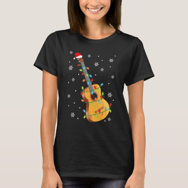 Guitar Santa Hat Christmas Lights Funny Music Love T-Shirt (Front)
