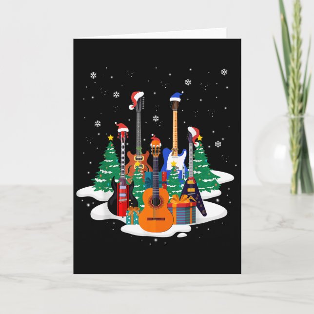 Guitar Santa Hat Christmas Tree Funny Music Loves  Card (Front)