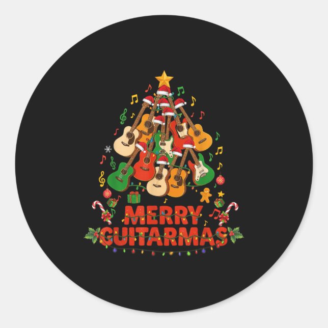 Guitar Santa Hat Christmas Tree Funny Music Loves  Classic Round Sticker (Front)