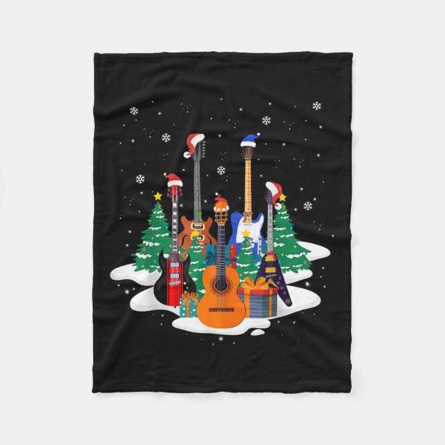 Guitar Santa Hat Christmas Tree Funny Music Loves  Fleece Blanket (Front)