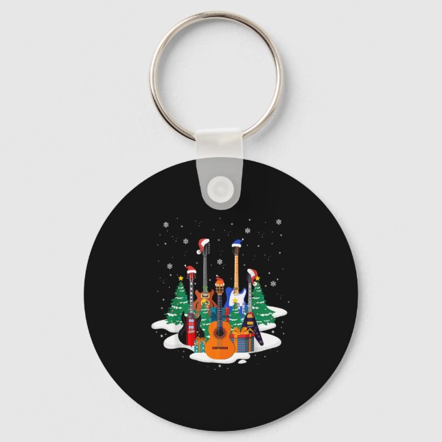 Guitar Santa Hat Christmas Tree Funny Music Loves  Key Ring (Front)