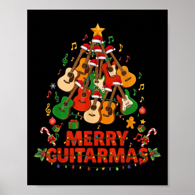 Guitar Santa Hat Christmas Tree Funny Music Loves  Poster (Front)
