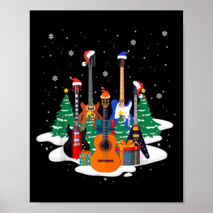Guitar Santa Hat Christmas Tree Funny Music Loves Poster