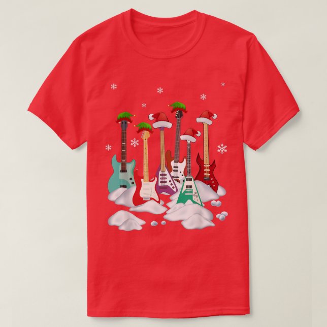 Guitar Santa Hat Christmas Tree Funny Music Loves  T-Shirt (Design Front)
