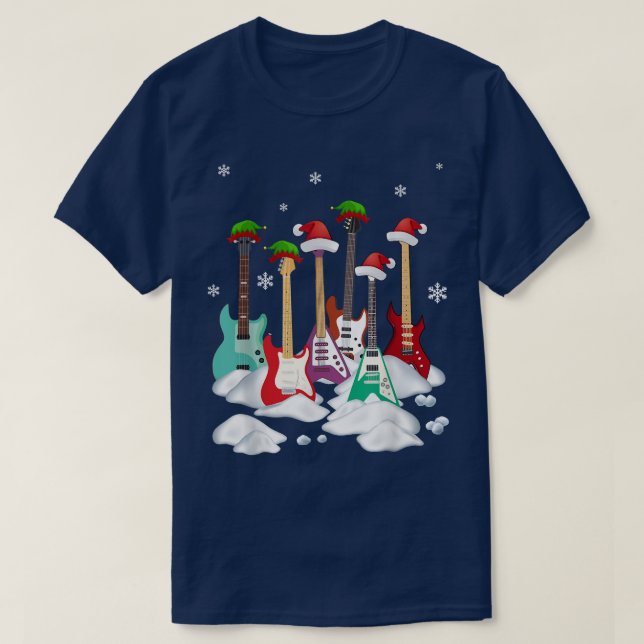 Guitar Santa Hat Christmas Tree Funny Music Loves  T-Shirt (Design Front)