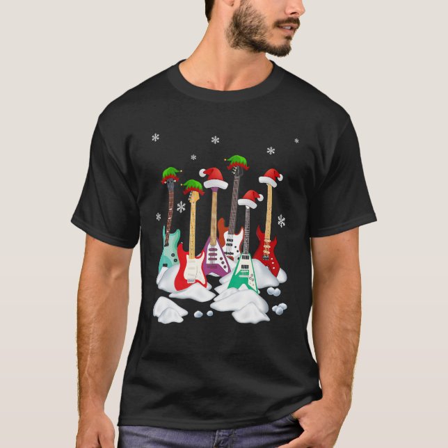 Guitar Santa Hat Christmas Tree Funny Music Loves T-Shirt (Front)