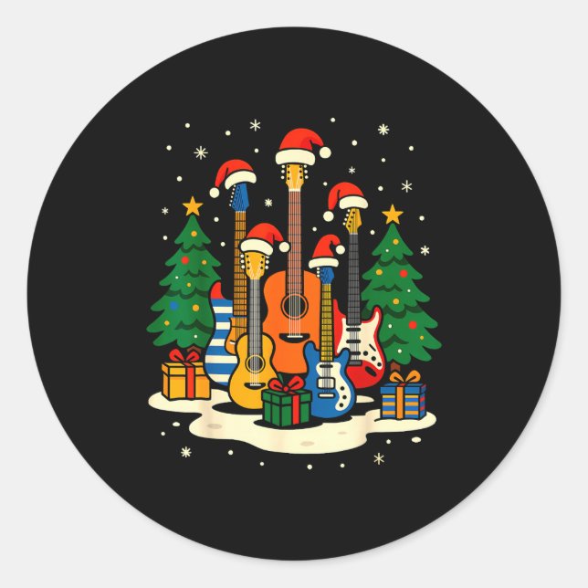 Guitar Santa Hat Christmas Tree Light Funny Music  Classic Round Sticker (Front)