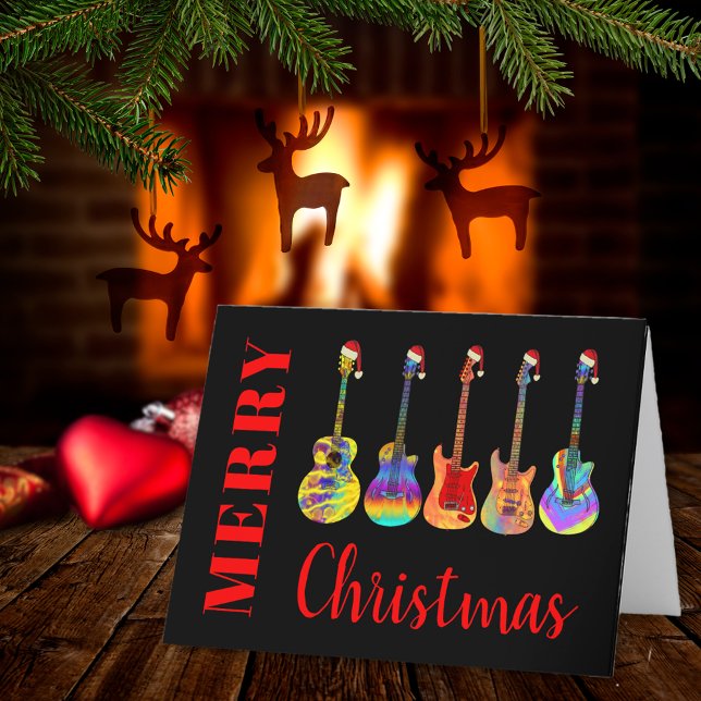 Guitar Santa Merry Christmas Holiday Card (Merry christmas guitar Santa fun personalized folded holiday card)