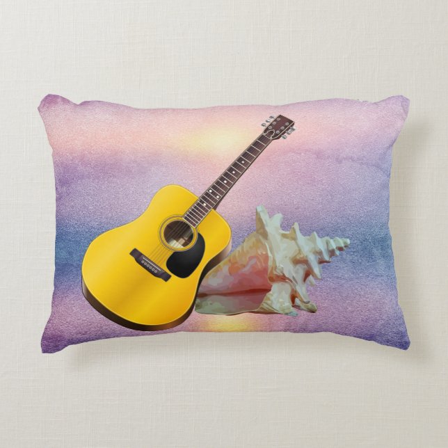 Guitar & Seashell Purple Beach Sunset Decorative Cushion (Front)