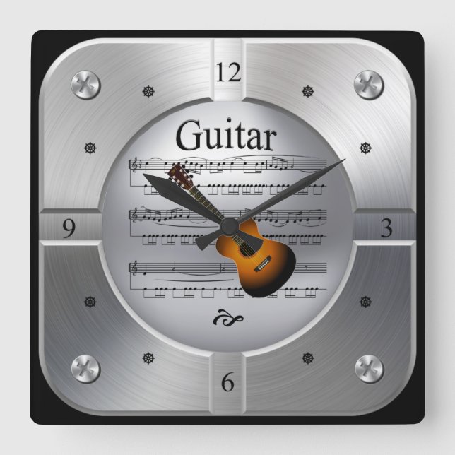 Guitar ~ Sheet Music ~ Brushed Silver Colour ~ Square Wall Clock (Front)