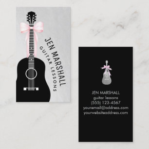 guitar silhouette pink bow on faux silver foil business card