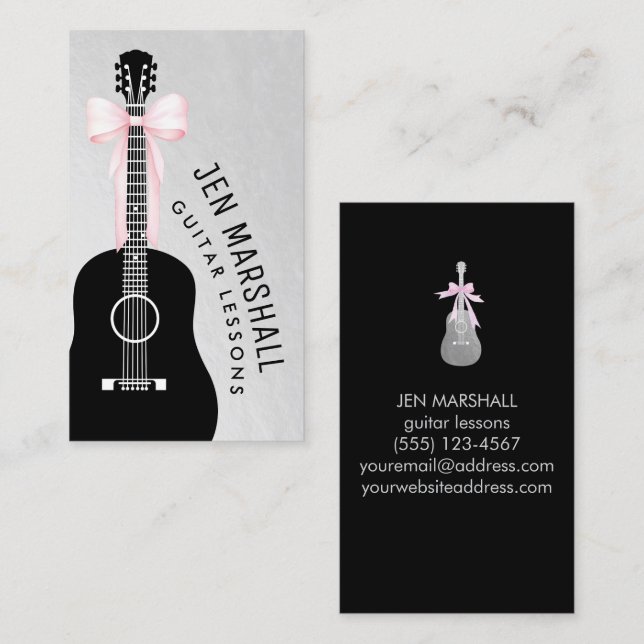 guitar silhouette pink bow on faux silver foil business card (Front/Back)