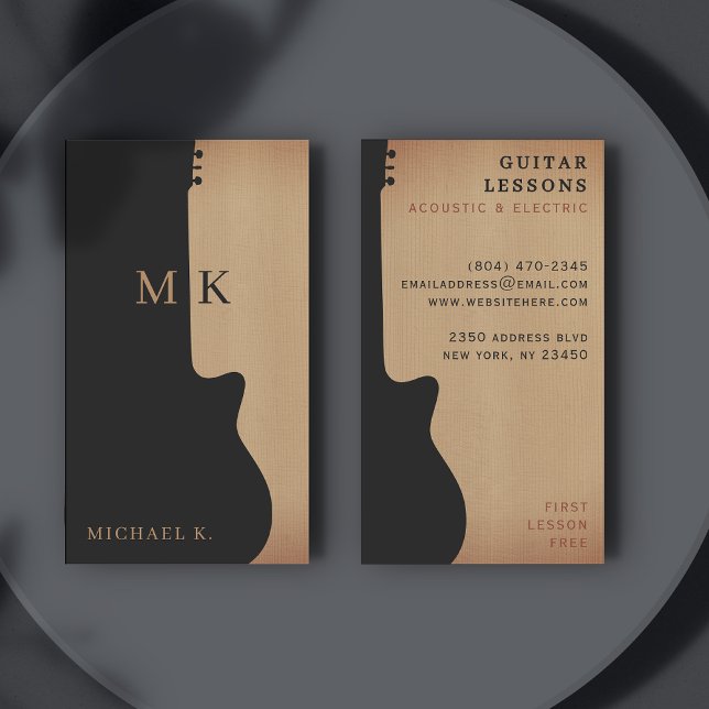Guitar Silhouette Tan Wood Monogram Guitarist Business Card (Creator Uploaded)