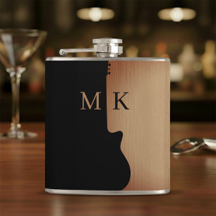 Guitar Silhouette Tan Wood Name Monogram Hip Flask