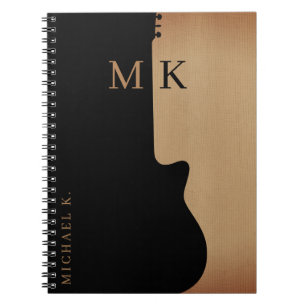 Guitar Silhouette Tan Wood Name Monogram Notebook
