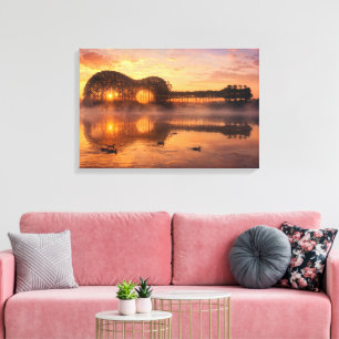 Guitar Silhouette Trees with Ducks on Sunrise Lake Canvas Print