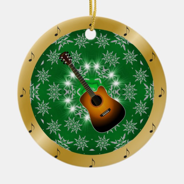 Guitar ~ Silver ~ Green ~ Gold ~ Christmas ~ Ceramic Tree Decoration (Front)