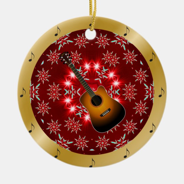 Guitar ~ Silver ~ Red~ Gold ~ Christmas ~ Ceramic Tree Decoration (Front)