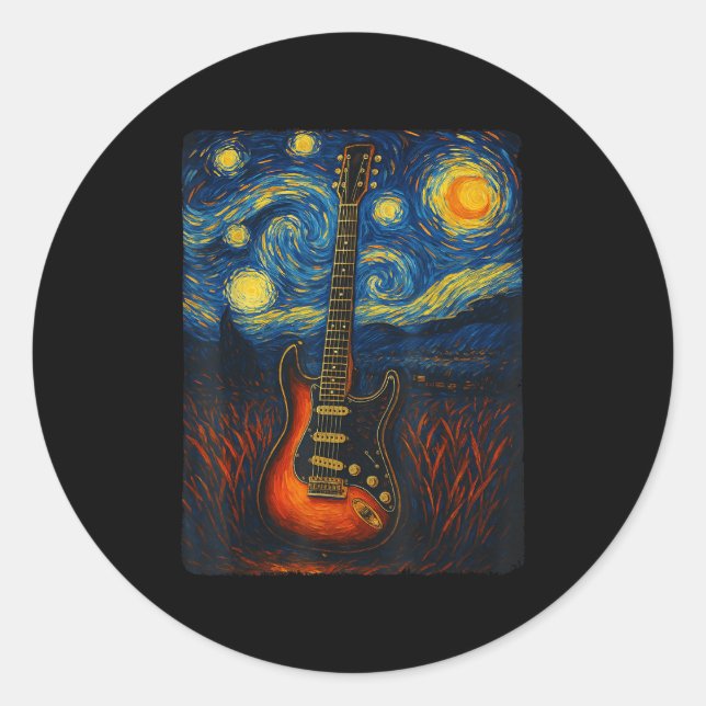 Guitar Starry Night Van Gogh Guitarist Rock And Ro Classic Round Sticker (Front)