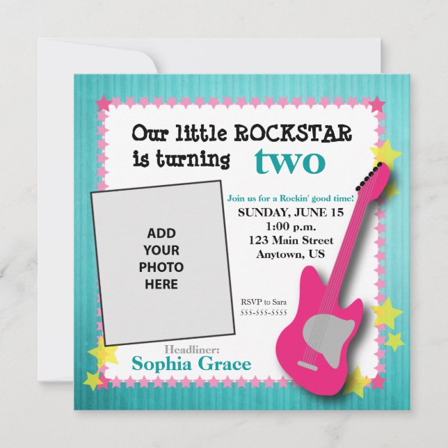 Guitar & Stars Girl's Rockstar Birthday Invitation (Front)