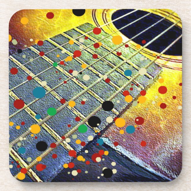 Guitar strings music mustard colourful vintage coaster (Front)