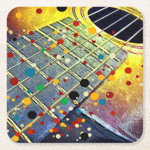 Guitar strings music mustard colourful vintage square paper coaster