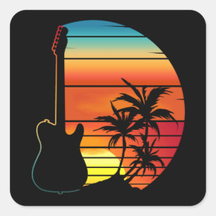 GUITAR SUNSET RETRO MUSIC LOVER  SQUARE STICKER