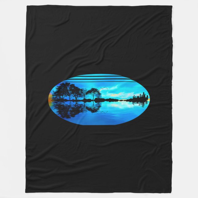 Guitar Sunset Sky Trees City Lake Reflection Fleece Blanket (Front)