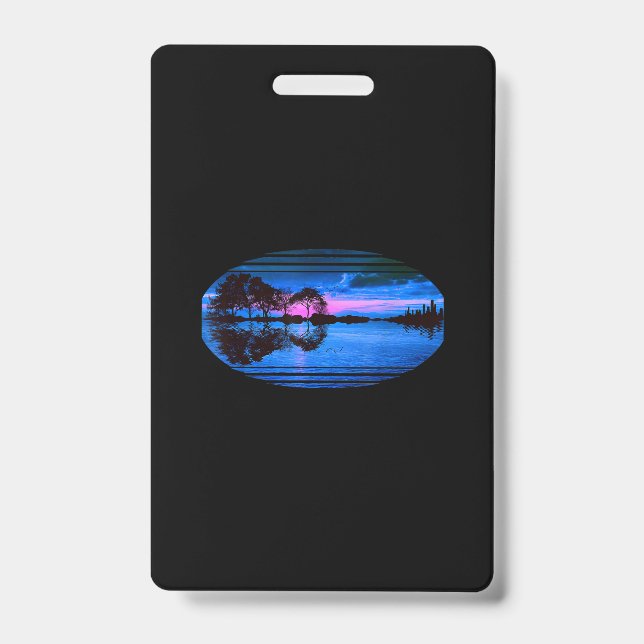Guitar Sunset Sky Trees City Lake Reflection ID Badge (Front)
