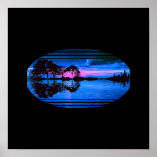 Guitar Sunset Sky Trees City Lake Reflection Poster