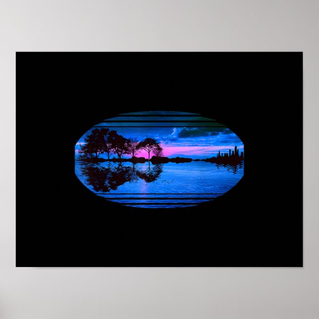 Guitar Sunset Sky Trees City Lake Reflection Poster (Front)