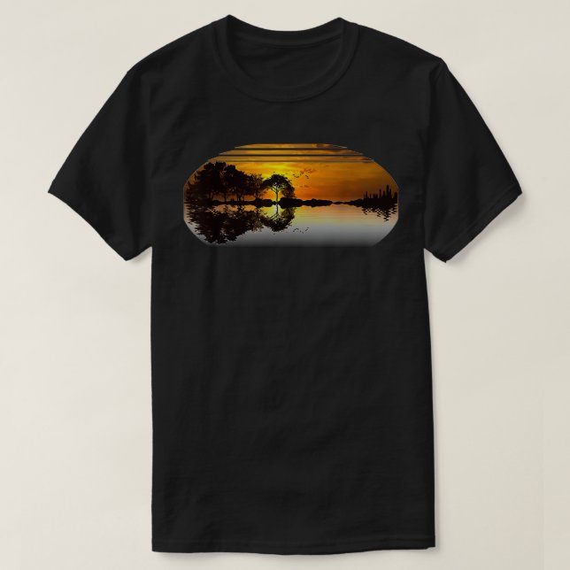 Guitar Sunset Sky Trees City Lake Reflection Speci T-Shirt (Design Front)