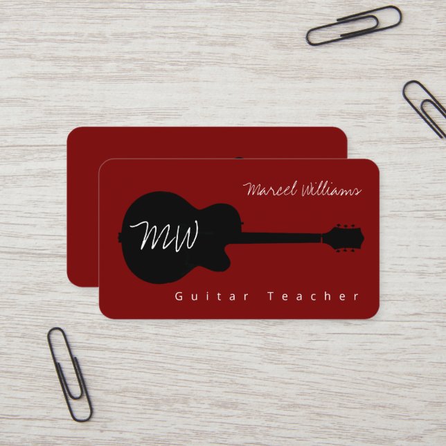 Guitar Teacher Cool Red Business Card  (Front/Back In Situ)