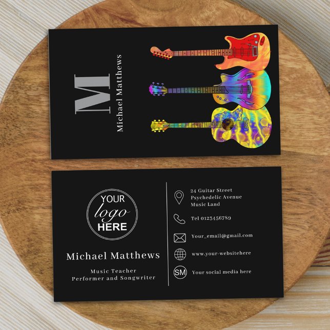 Guitar Teacher Custom Logo Social Media Icon Business Card (Modern guitar music teacher professional musician logo and social media black and white Business )