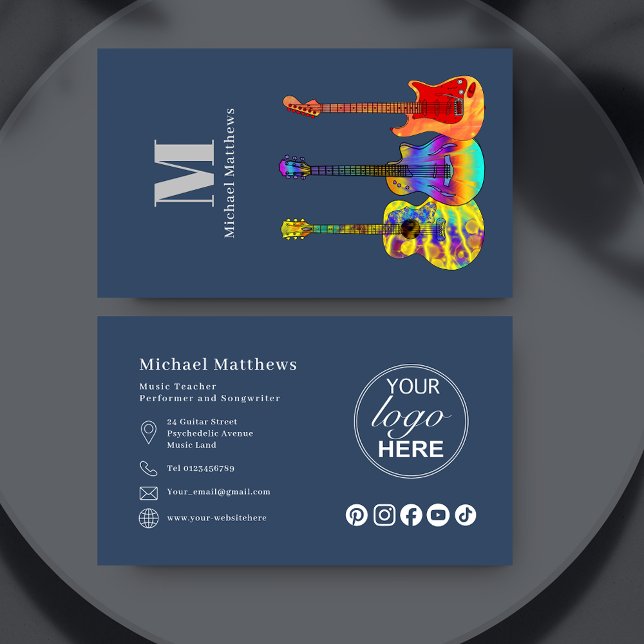 Guitar Teacher Logo and Social Media Custom Business Card (Modern guitar music teacher logo and social media custom blue business card)