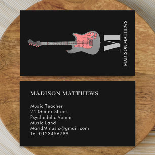 Guitar Teacher Monogrammed Simple Black Pink Business Card