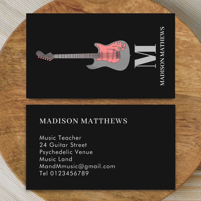 Guitar Teacher Monogrammed Simple Black Pink Business Card (Modern minimalist guitar music teacher professional musician pink and black monogram Business card)