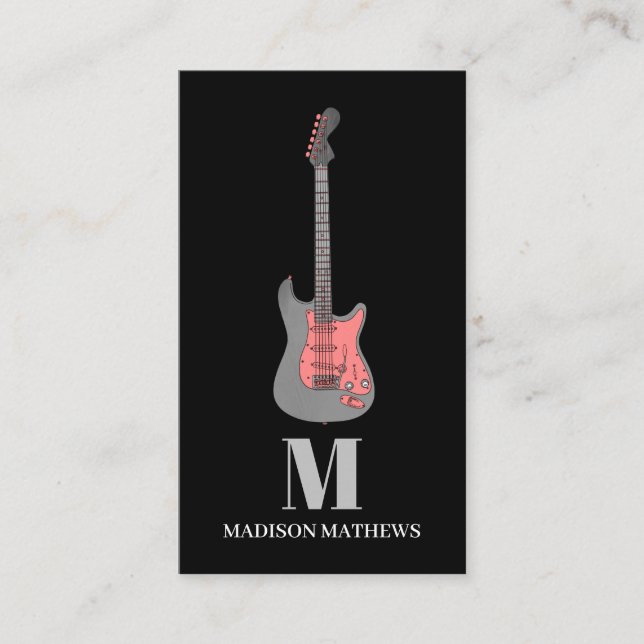 Guitar Teacher Monogrammed Simple Black Pink Business Card (Front)