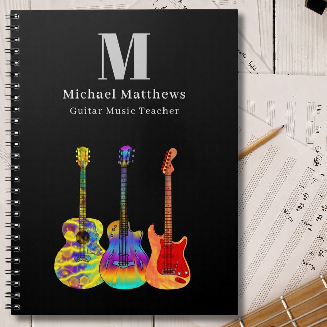 Guitar Teacher Music Lessons Custom Notebook (Guitar teacher music business custom notebook with funky psychedelic guitars  personalized monogram)