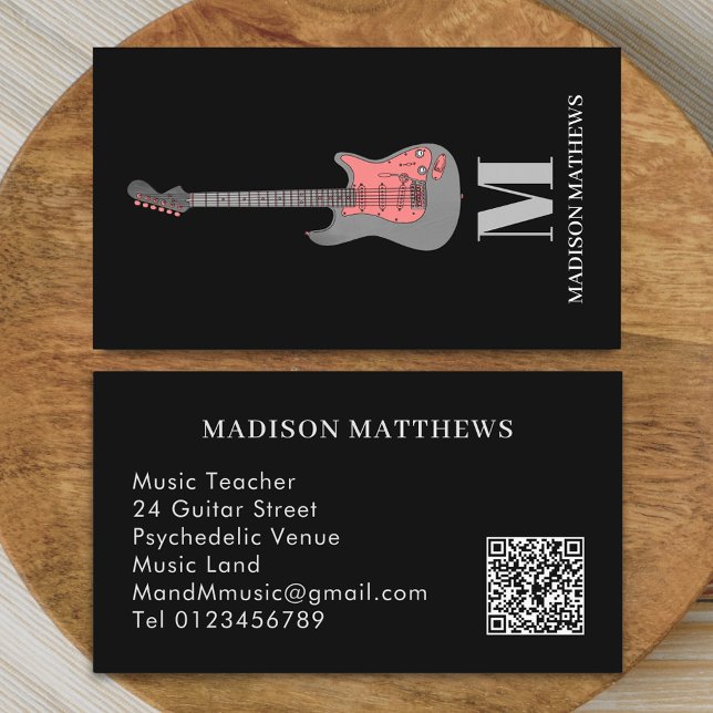 Guitar Teacher Music Lessons Q R Code Pink Business Card (Modern guitar music tutor professional musician Pink gray and black qr code Business card monogram)