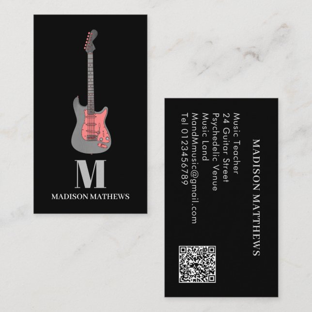 Guitar Teacher Music Lessons Q R Code Pink Business Card (Front/Back)