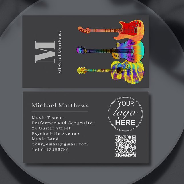 Guitar Teacher Musician Custom QR Code and Logo Business Card (Gray guitar teacher custom qr code and logo business card)