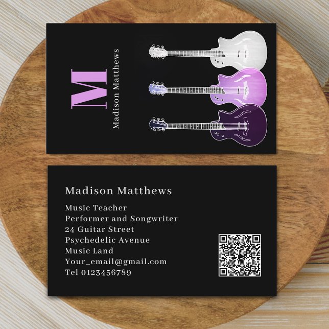 Guitar Teacher Musician Custom QR Code Business Card (Modern guitar music teacher professional musician qr code black pink Business card Female guitarist)