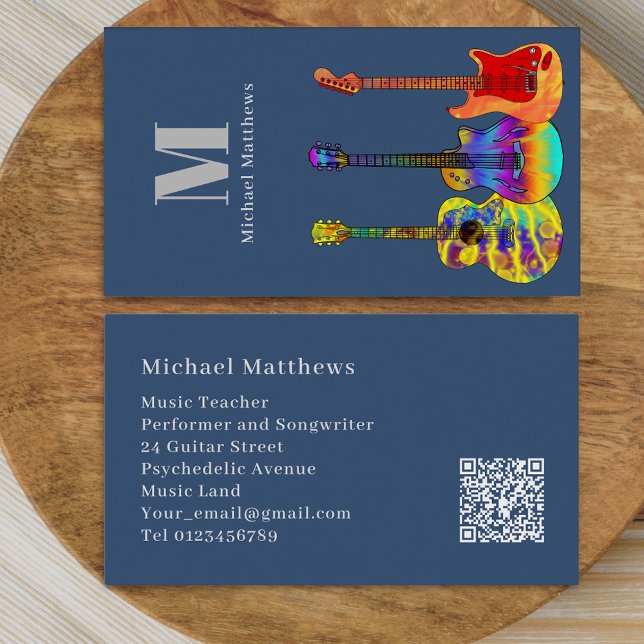 Guitar Teacher Musician Custom QR Code Business Card (Modern guitar music teacher professional musician qr code blue Business card)