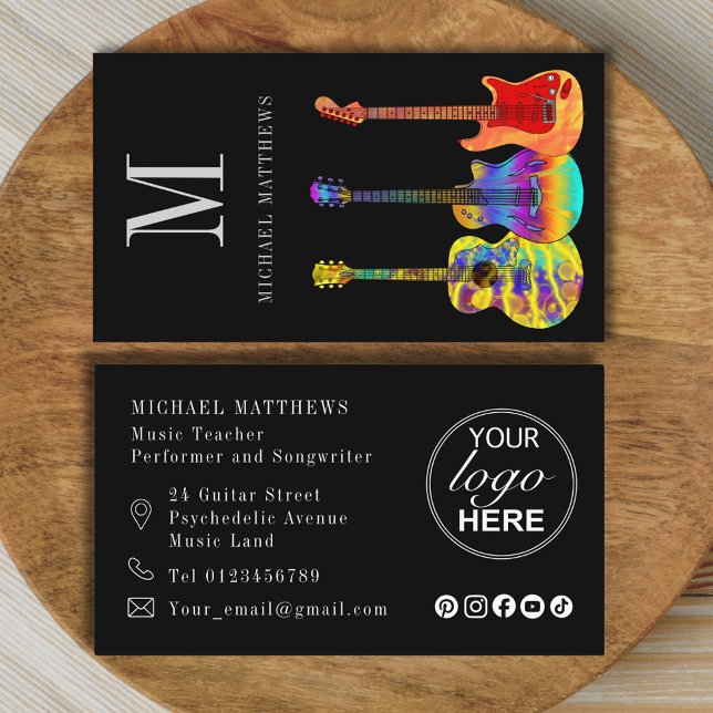 Guitar Teacher Musician Logo and Social Media Business Card (Modern guitar teacher musician logo and social media custom business card)