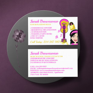 Guitar Teacher Musician Pink Yellow Cartoon Girl Business Card