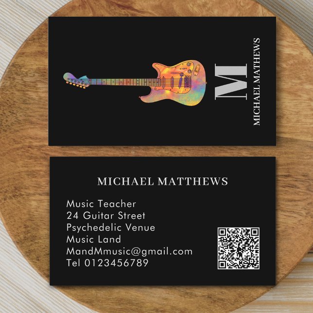Guitar Teacher Professional Musician QR Code Business Card (Modern guitar music teacher professional musician qr code Business card Colorful electric guitar art)