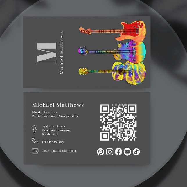 Guitar Teacher QR Code and Social Media Business Card (Modern guitar teacher website qr code social media custom gray business card)