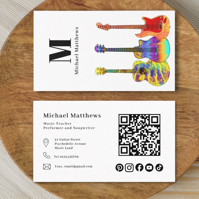 Guitar Teacher QR code and Social Media Custom Business Card (Modern guitar music teacher professional musician qr code & social media black & white Business Card)